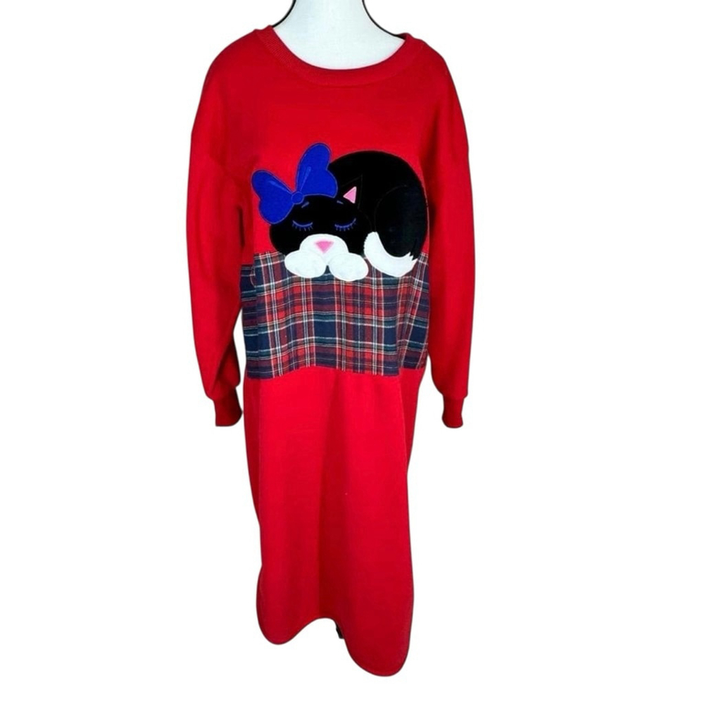 Polar Bear Wear Red Fleece Cat Applique Plaid Vintage Nightgown One Size Cozy - Picture 2 of 10